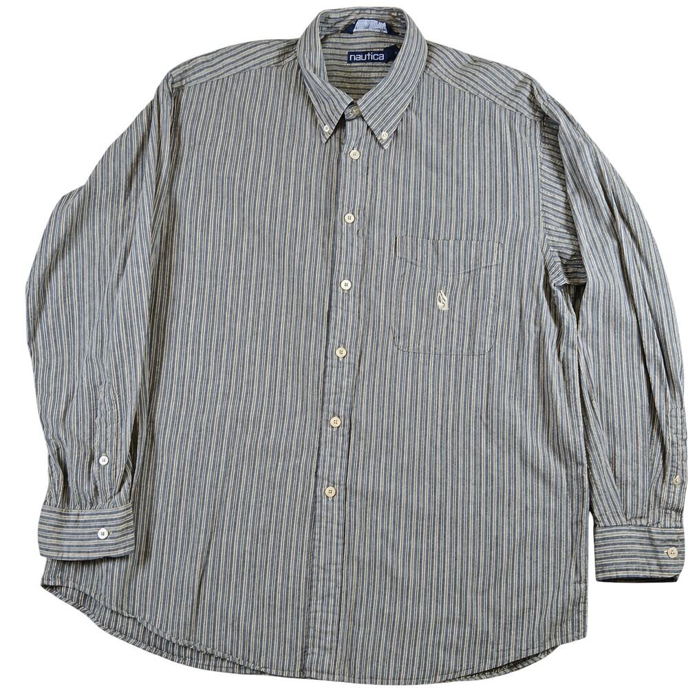Vintage 90s Nautica Textured Dobby-Stripe Button Down XL Cream Beige Macau